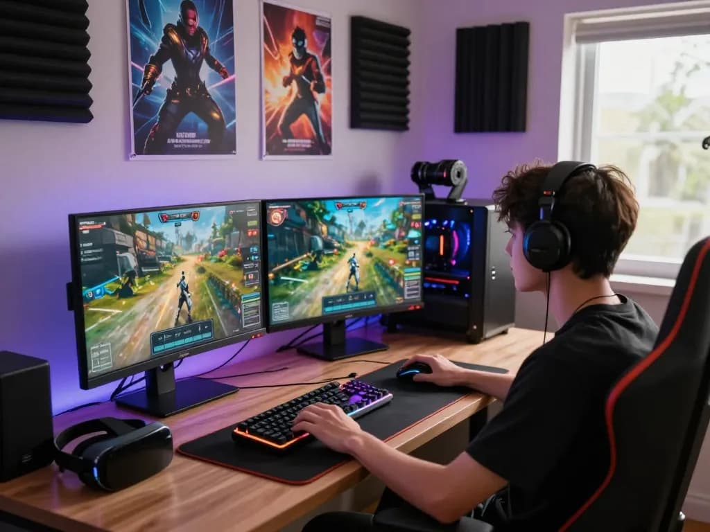 Exciting gaming setup showcasing dual monitors and accessories at https://rikviprent.com where avid gamers engage in immersive gameplay.