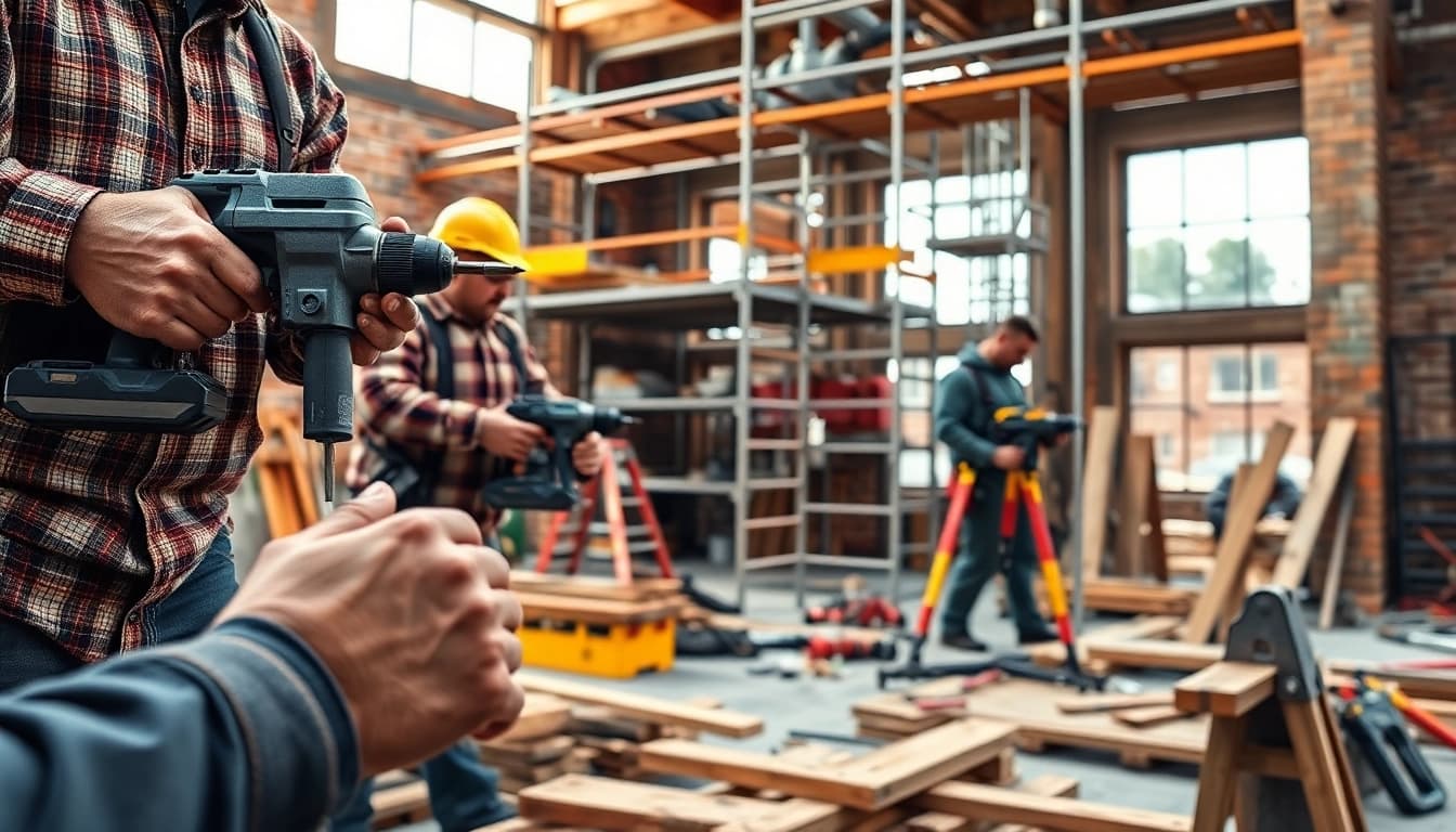 Cantiere dinamico con utensili edilizia in uso, che mostra lavoratori qualificati e strumenti di alta qualità.