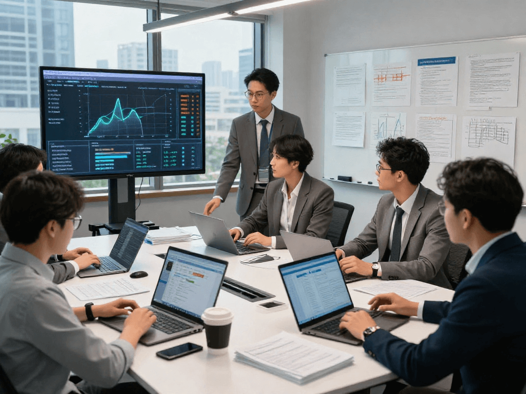 Document fraud detection analysis in a modern office with diverse team discussions and technology.