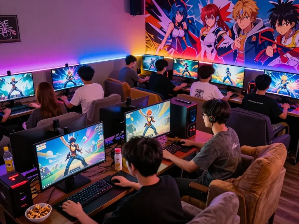 Players enjoying anime porn games in a lively gaming lounge with vibrant lights and screens