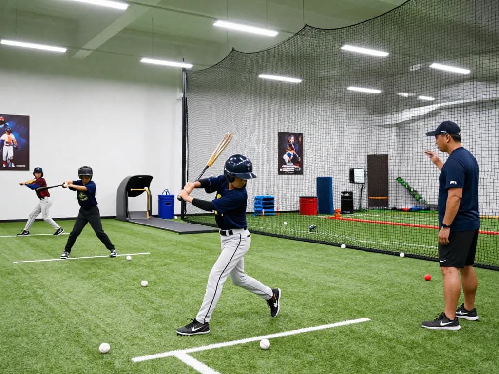 Athletes training at hitclub baseball facility with coach guidance.