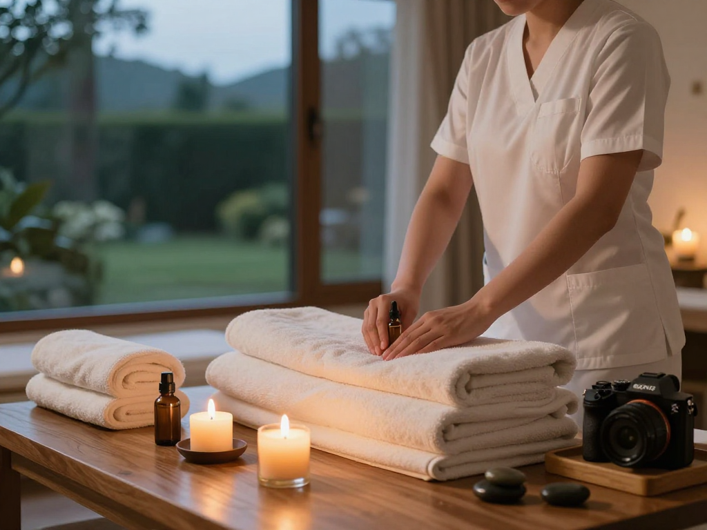출장마사지 experience in a cozy home spa, with calming ambiance and massage therapist preparing for a session.