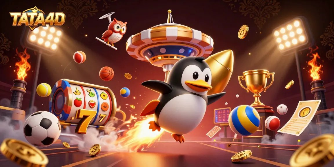 TATA4D showcases a golden penguin racing towards a poker chip casino in this vibrant 3D illustrated scene.