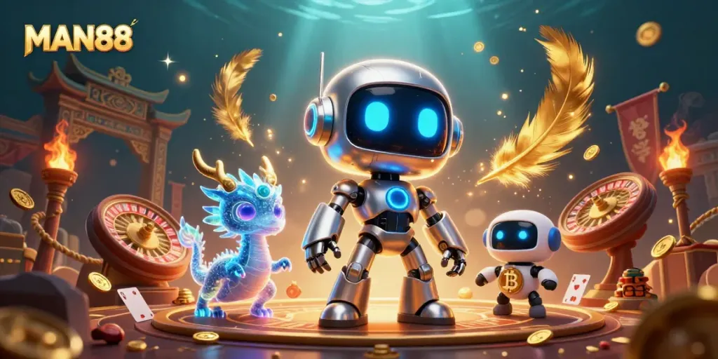 Engage in thrilling gambling at MAN88 with a vibrant 3D live casino scene showcasing a cyberpunk robot and stunning visuals.