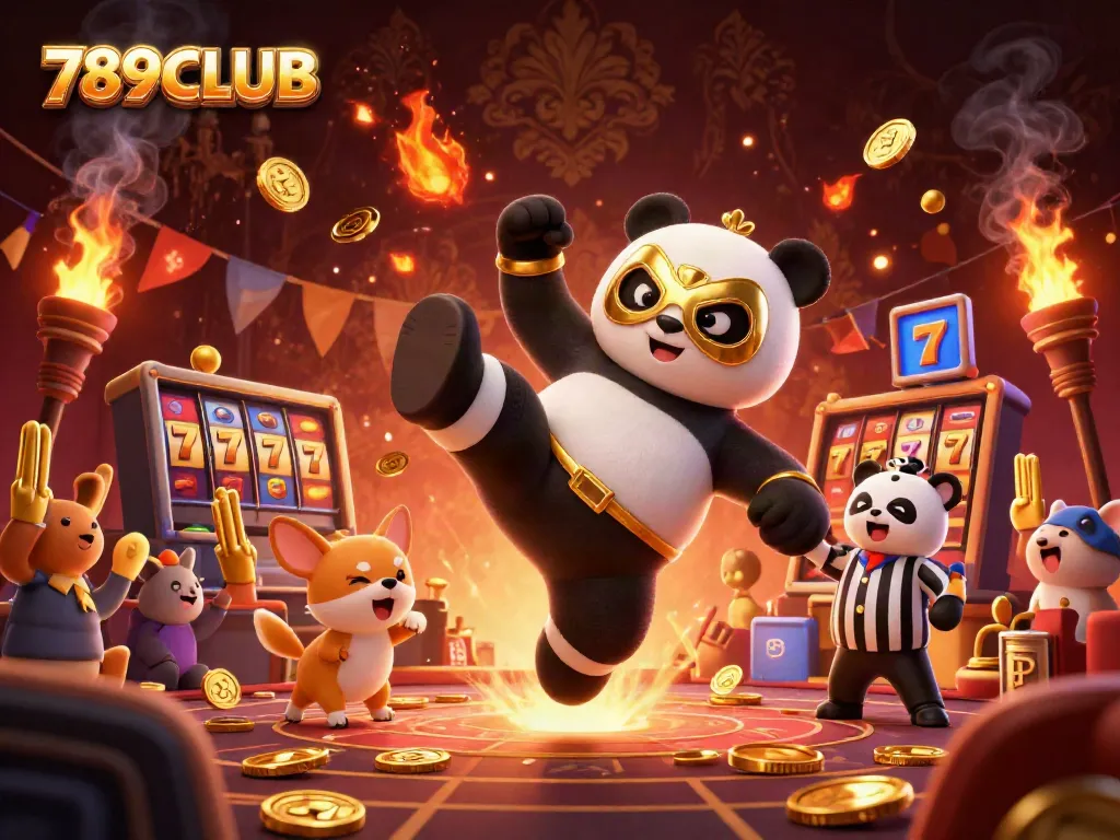 Experience the excitement of 789CLUB with a lively casino scene featuring a wrestling panda and festive animal fans.