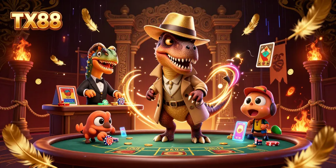 TX88 gaming scene featuring a velociraptor card counter and stegosaurus pit boss at a blackjack table, with vibrant casino elements.
