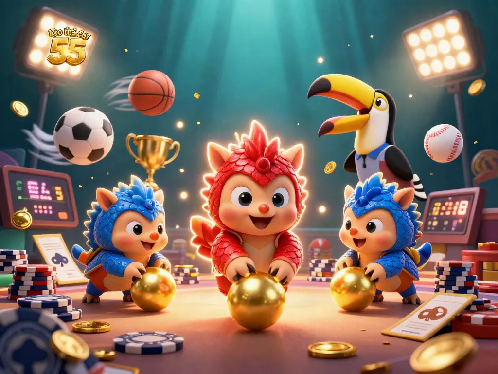 Betting action at kèo nhà cái 55 with cartoon pangolins rolling poker chips and vibrant sports elements.