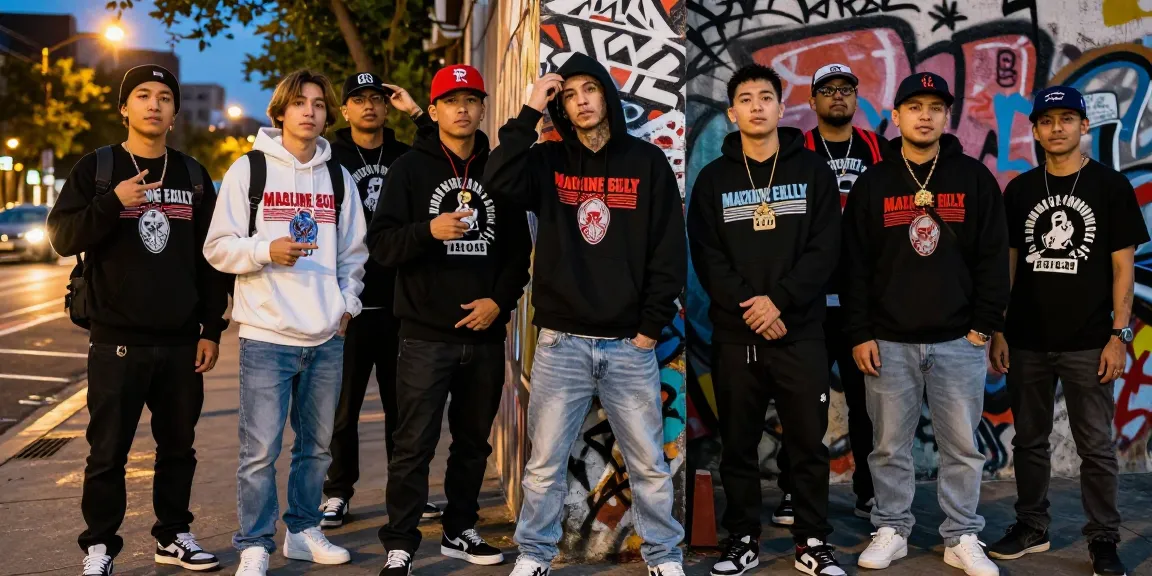 Fans showcasing unique Machine Gun Kelly merchandise in vibrant streetwear style for the rokok88 blog, urban backdrop with graffiti and lively atmosphere.