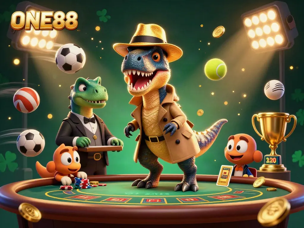 ONE88 captivates with a vibrant 3D scene featuring a crafty velociraptor at a blackjack table, showcasing casino excitement.