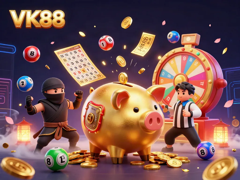 Engage in thrilling casino adventures with VK88, featuring a golden piggy bank sumo wrestler amidst colorful lottery balls.