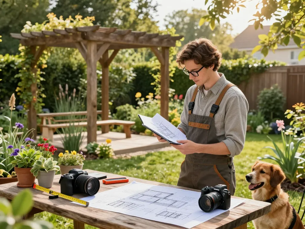 Un designer professionista crea un design innovativo di software per pergole per aziende all'aperto in un giardino vibrante.