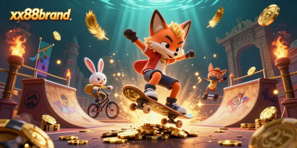 Join xx88brand for thrilling gaming adventures with an illustrated skateboarder fox and BMX rabbit at a vibrant casino.