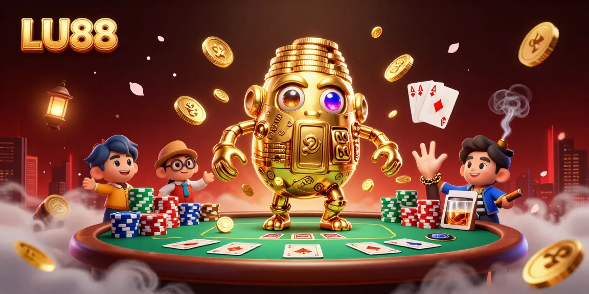 Play at LU88 and win big with a dynamic golden golem surrounded by poker elements.