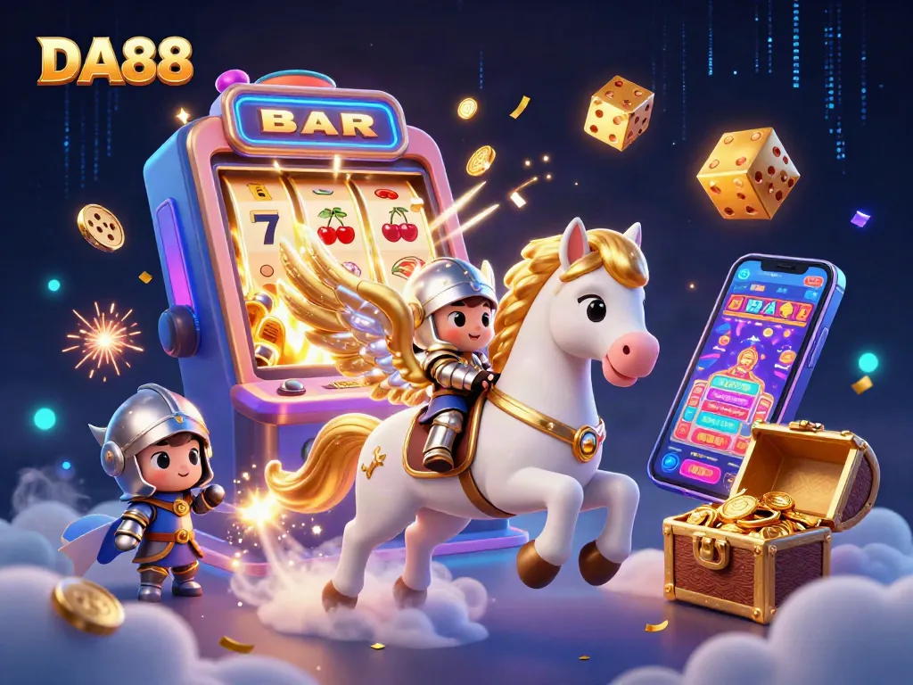 DA88 captivates players with a celestial horse and knight amidst vibrant slot machine action.