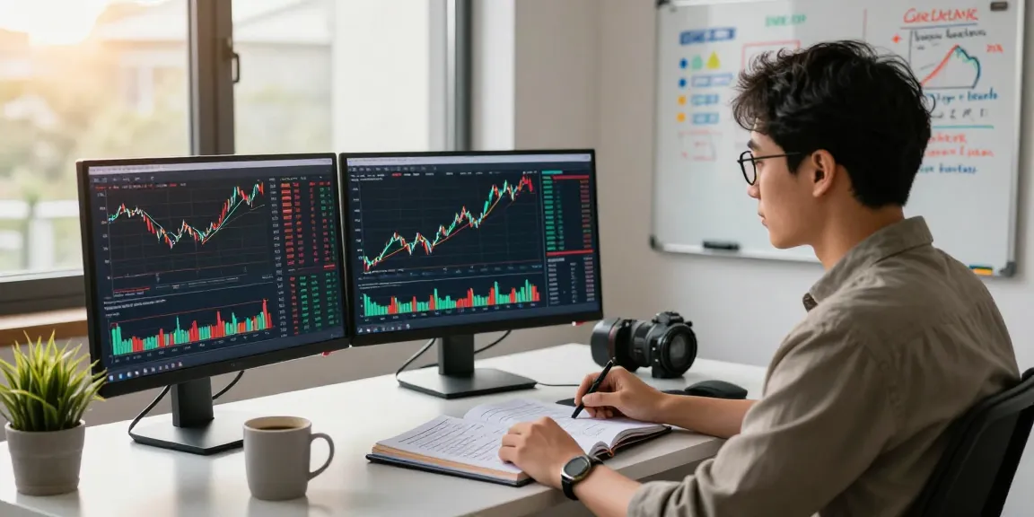 Investor analyzing ETF performance metrics on modern office monitors