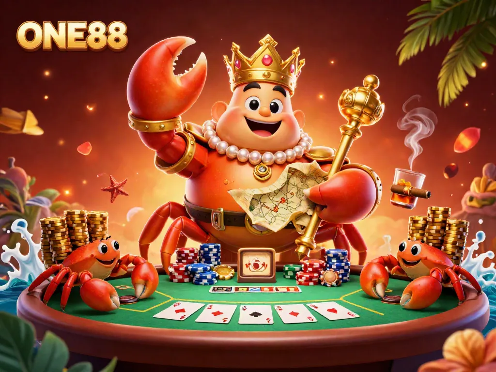 Join the fun at ONE88 with a golden crab emperor leading a vibrant casino adventure full of treasures and poker action.