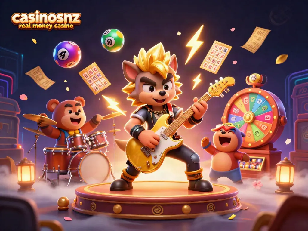 Experience the thrill of casinosnz real money casino with a vibrant, energetic scene of a rock star wolf and drummer bear.