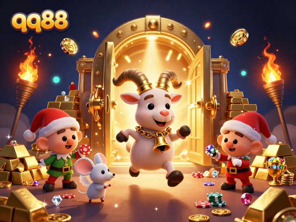 Experience qq88 with a festive Krampus goat in a vibrant casino scene, rich in golds and gems.