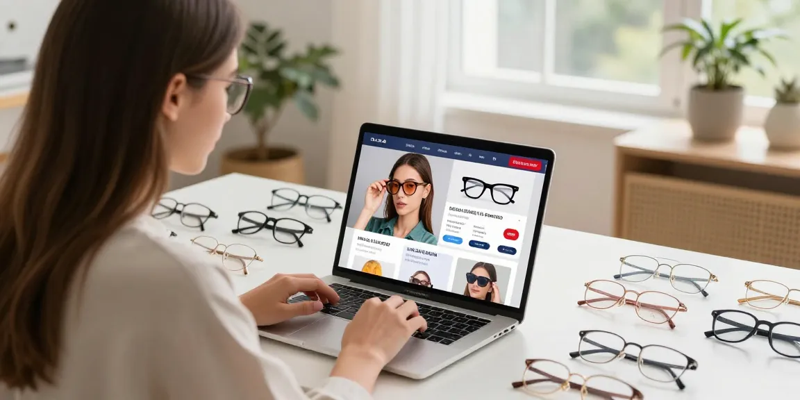 Ótica online: mulher explorando lentes e óculos em ambiente acolhedor.