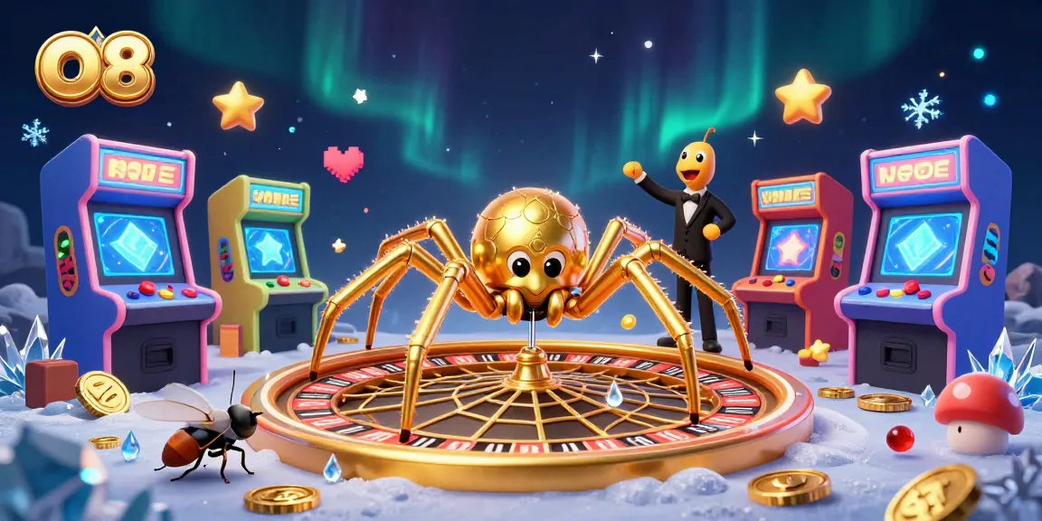 O8 enhances excitement as a golden spider spins a roulette web while a fly bets nervously.