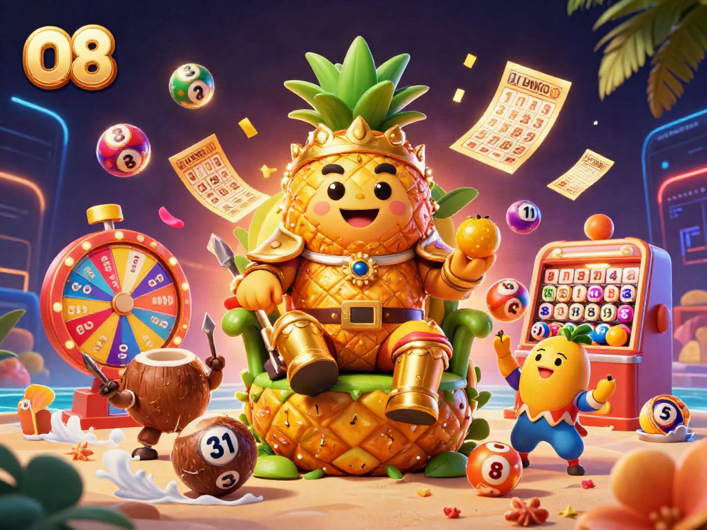 Engage with the vibrant O8 casino world featuring a golden pineapple king on a dynamic beach setting.