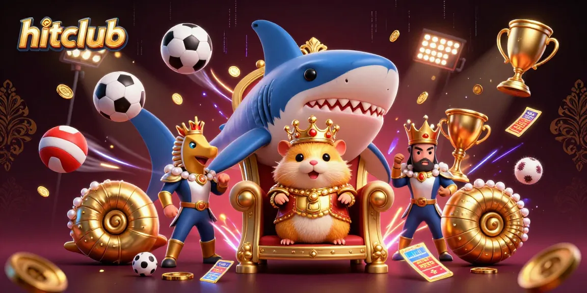 Enhance your gameplay at hitclub with golden hamster king reigning over dynamic sports elements in this vibrant casino illustration.
