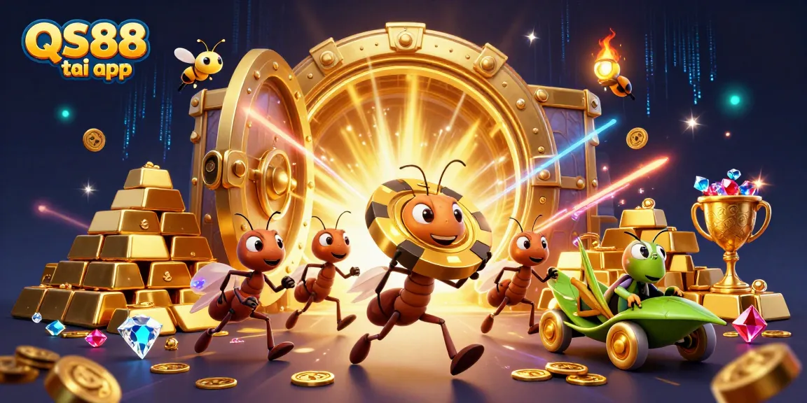 Play to win with QS88 tai app while enjoying a vibrant heist-themed adventure in this engaging illustration.