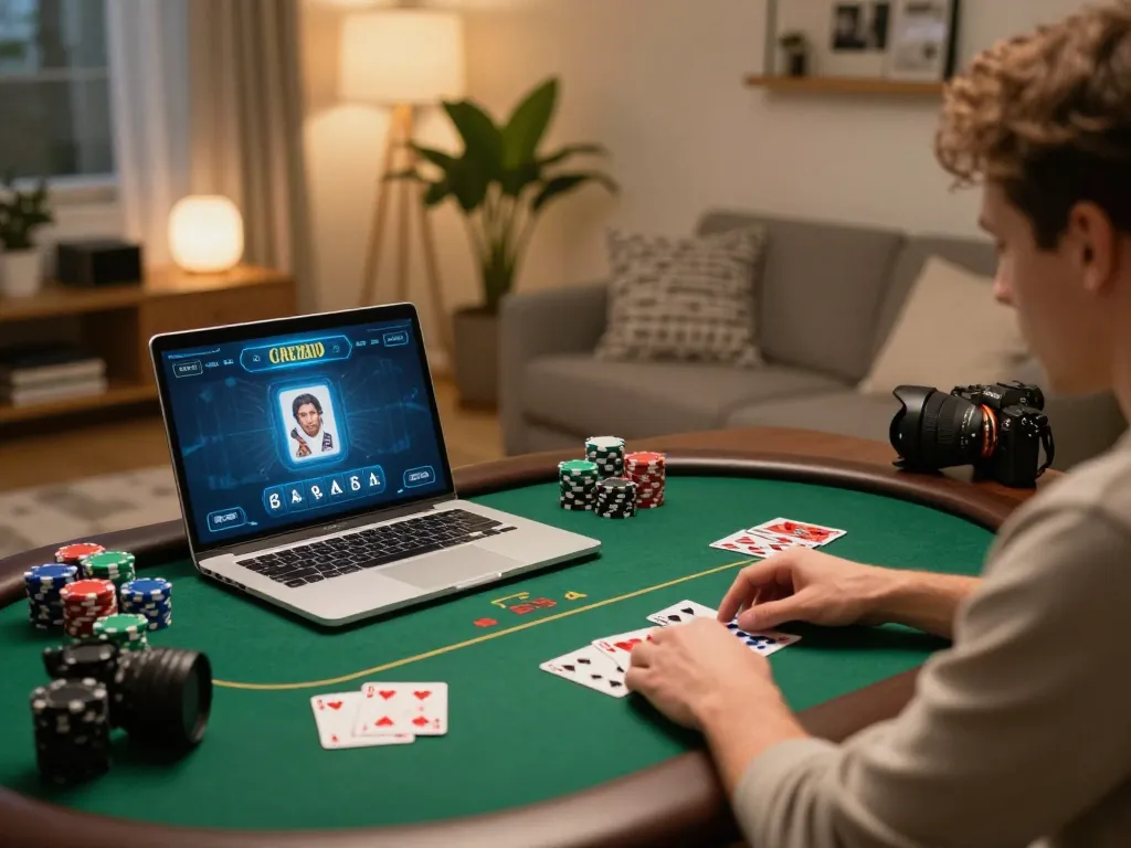 The engaging gameplay at nhà cái tt88, showcasing a player focused on poker strategy in a cozy home setting.