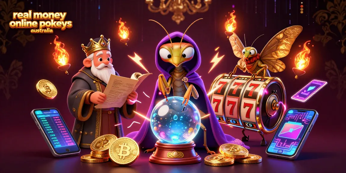 Spin to win with real money online pokies Australia - vibrant 3D illustration showcasing lucky symbols and fortune tellers.
