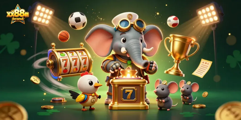 xx88brand offers thrilling slots and dynamic sports betting in a vibrant 3D illustration.