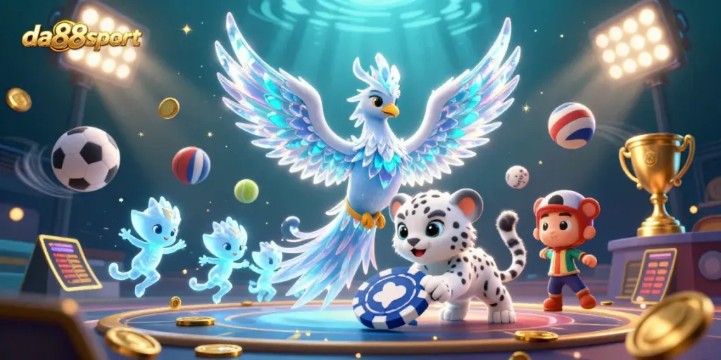 Experience dynamic betting action with da88sport featuring vibrant characters and casino elements in a rich, colorful scene