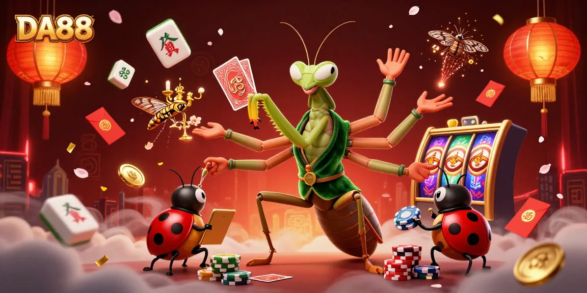 Experience DA88 with a vibrant casino scene featuring card dealing mantis and ladybug pit boss.