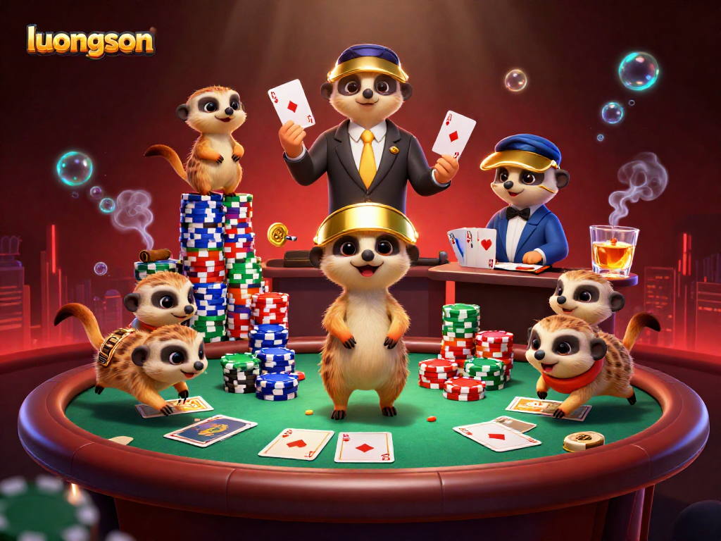 Meerkat casino operation with "luongson" brand showcasing dynamic poker activity and vivid atmosphere.