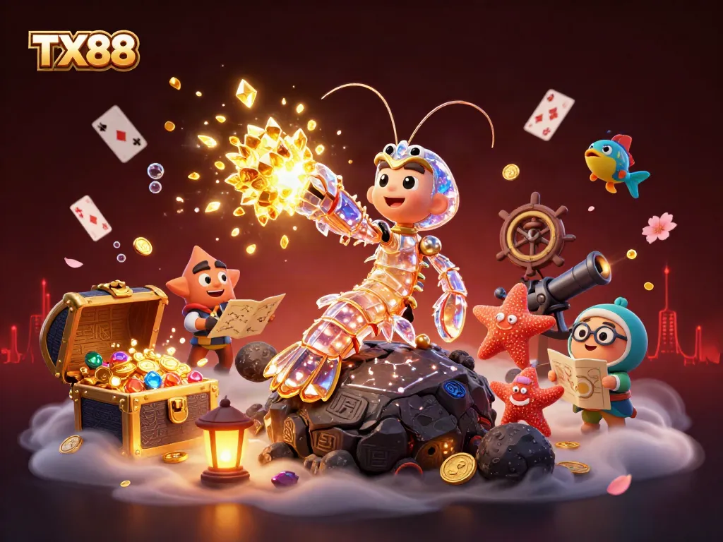 TX88 gamers explore underwater treasures, showcasing vibrant action in a dynamic casino scene.