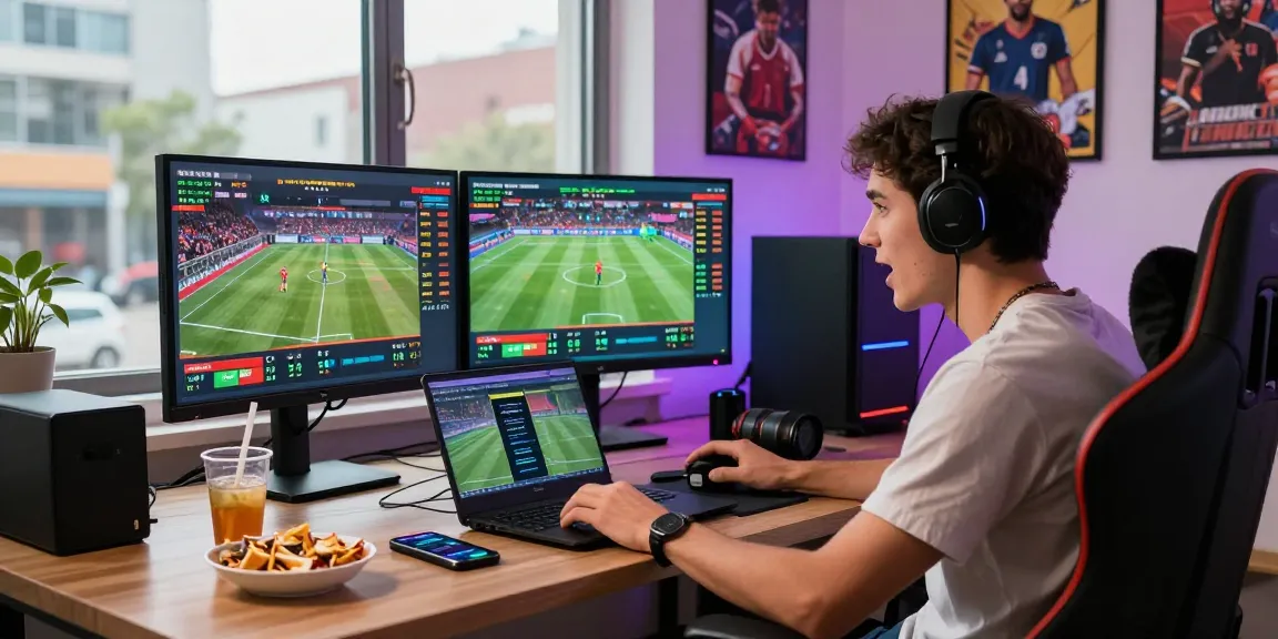 Dynamic online gambling experience with uk88 platform, showcasing a gamer betting on sports in a modern home office.