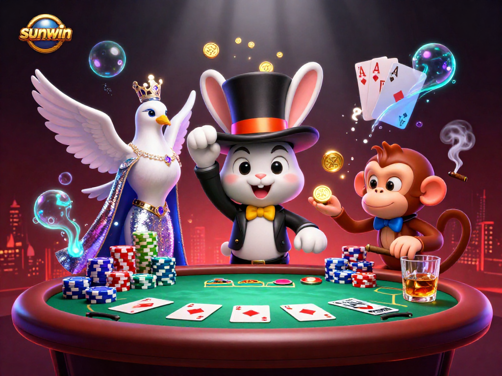 Experience adventurous gaming at sunwin with a magical illustration of a rabbit magician, poker elements, and exciting casino dynamics.