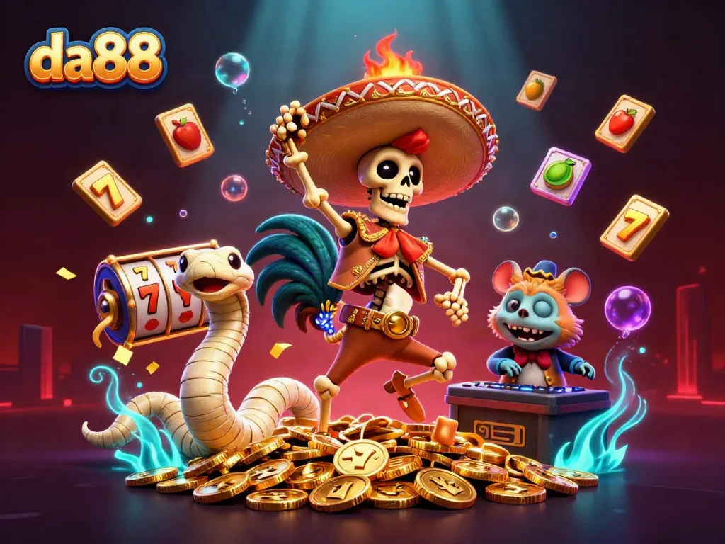 Engage in thrilling gameplay at da88 with a vibrant casino-themed digital illustration showcasing festive characters.