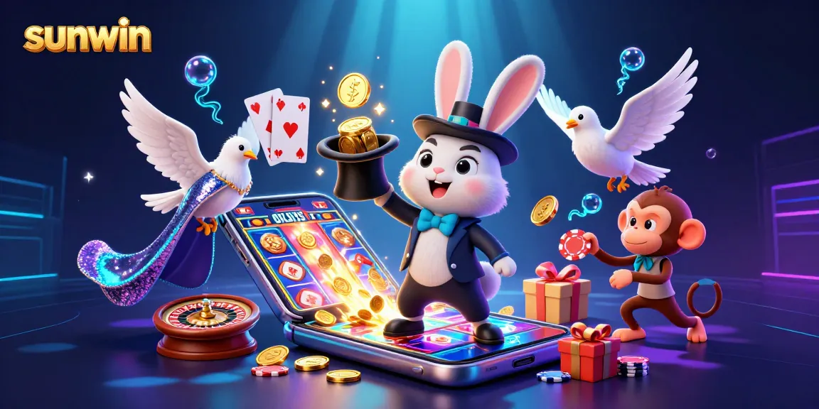 Experience the thrill of sunwin with a 3D magician rabbit revealing golden coins amidst colorful casino elements.