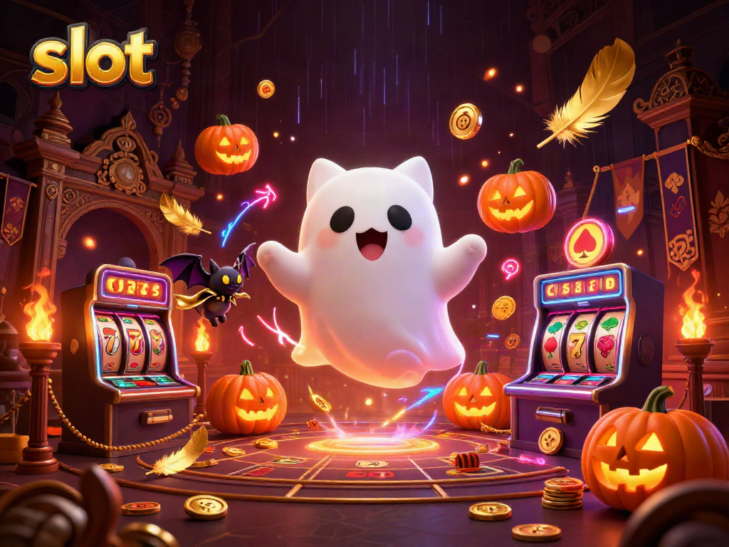 Engaging slot scene with a ghost cat, vampire bat, and glowing jack-o-lanterns.