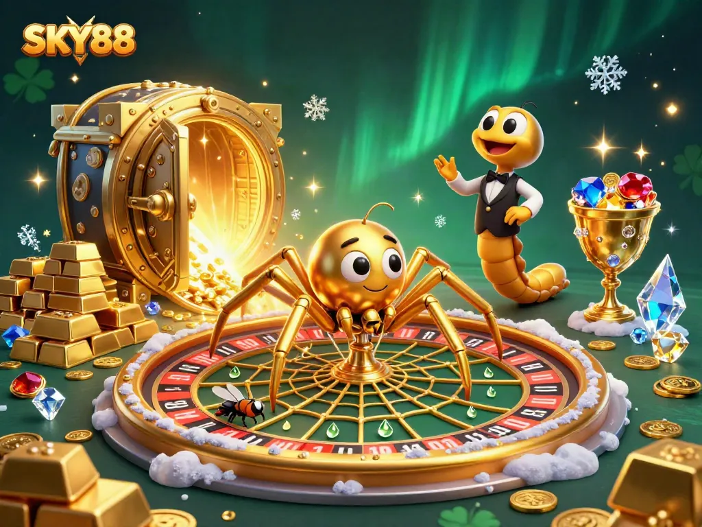 Bet on SKY88's 3D roulette wheel with a golden spider and centipede croupier.
