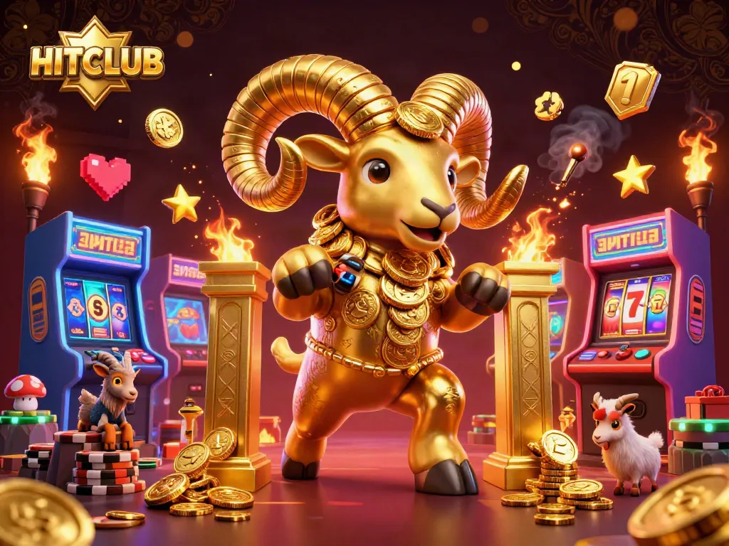 Engage in thrilling gameplay at HITCLUB with golden ram characters charging through vibrant casino elements.