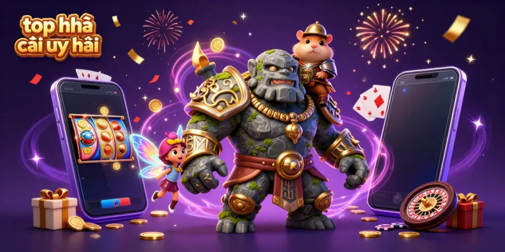 Engage with top nhà cái uy tín featuring magical characters and vibrant casino elements in a colorful scene.