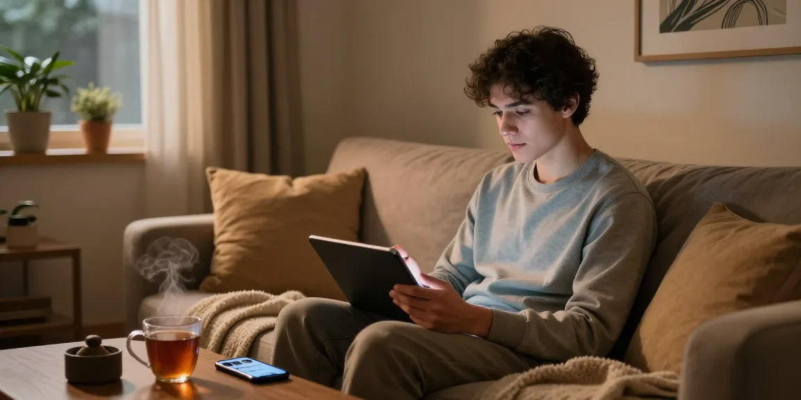 Youthful person enjoying ai sex chat on a tablet in a cozy living room with warm lighting and personal touches.