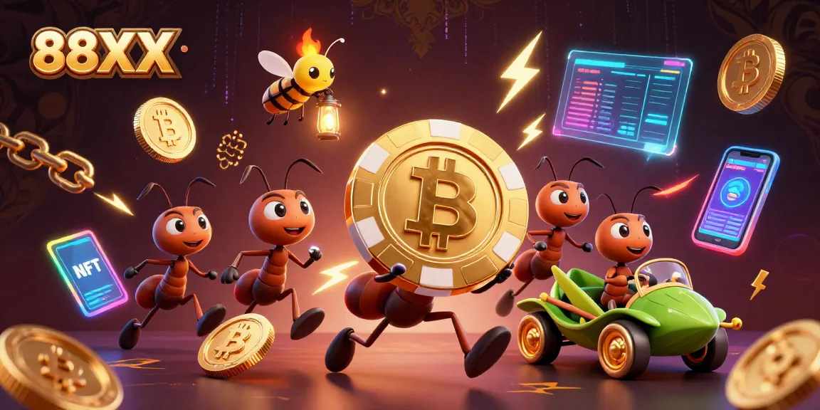 Engage with 88XX casino adventure as ants execute a daring heist with glowing crypto elements.