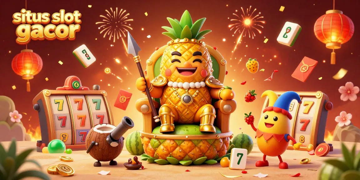 Engage with situs slot gacor in a vibrant scene featuring a golden pineapple king, coconut guards, and dynamic slot elements.