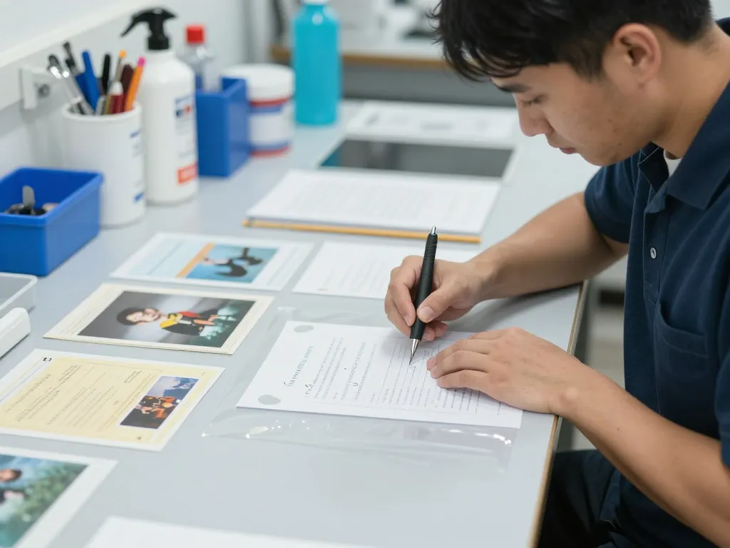 Carefully tháo ép plastic from documents using professional techniques in a bright workshop.