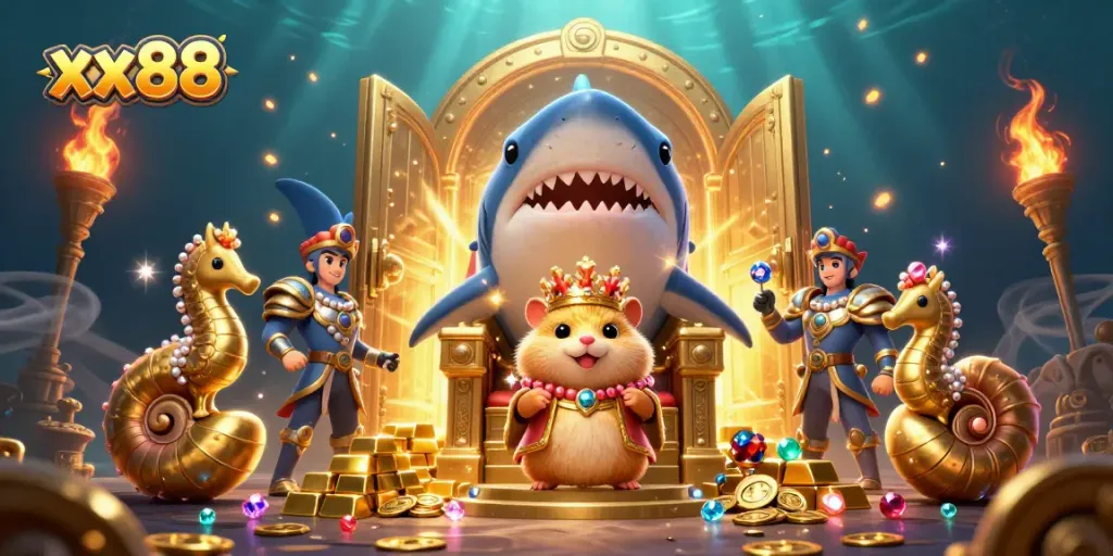 Join the excitement at xx88 Casino with a vibrant illustration of a gold-filled underwater royal scene.
