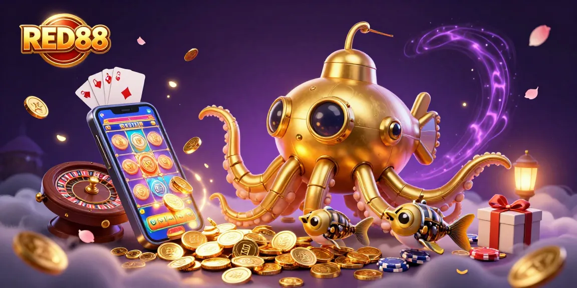 Experience the excitement of RED88 with a vibrant scene featuring slot games, coins, and a whimsical kraken.