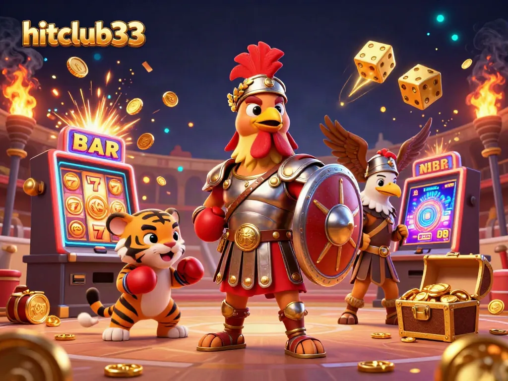 Experience the thrill of hitclub33 with a dynamic illustration featuring a gladiator rooster in a casino-themed arena surrounded by exciting game elements.