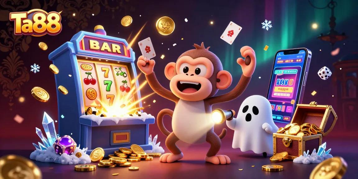 Experience the thrill of Ta88 with a vibrant 3D casino scene showcasing a playful poltergeist monkey and ghost-hunter puppy.